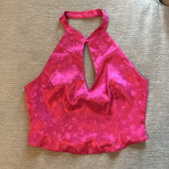 ZARA Jacquard Halter Corset Cropped Top hot Pink High Neck Button Side Zip L NWT - Picture 5 of 10